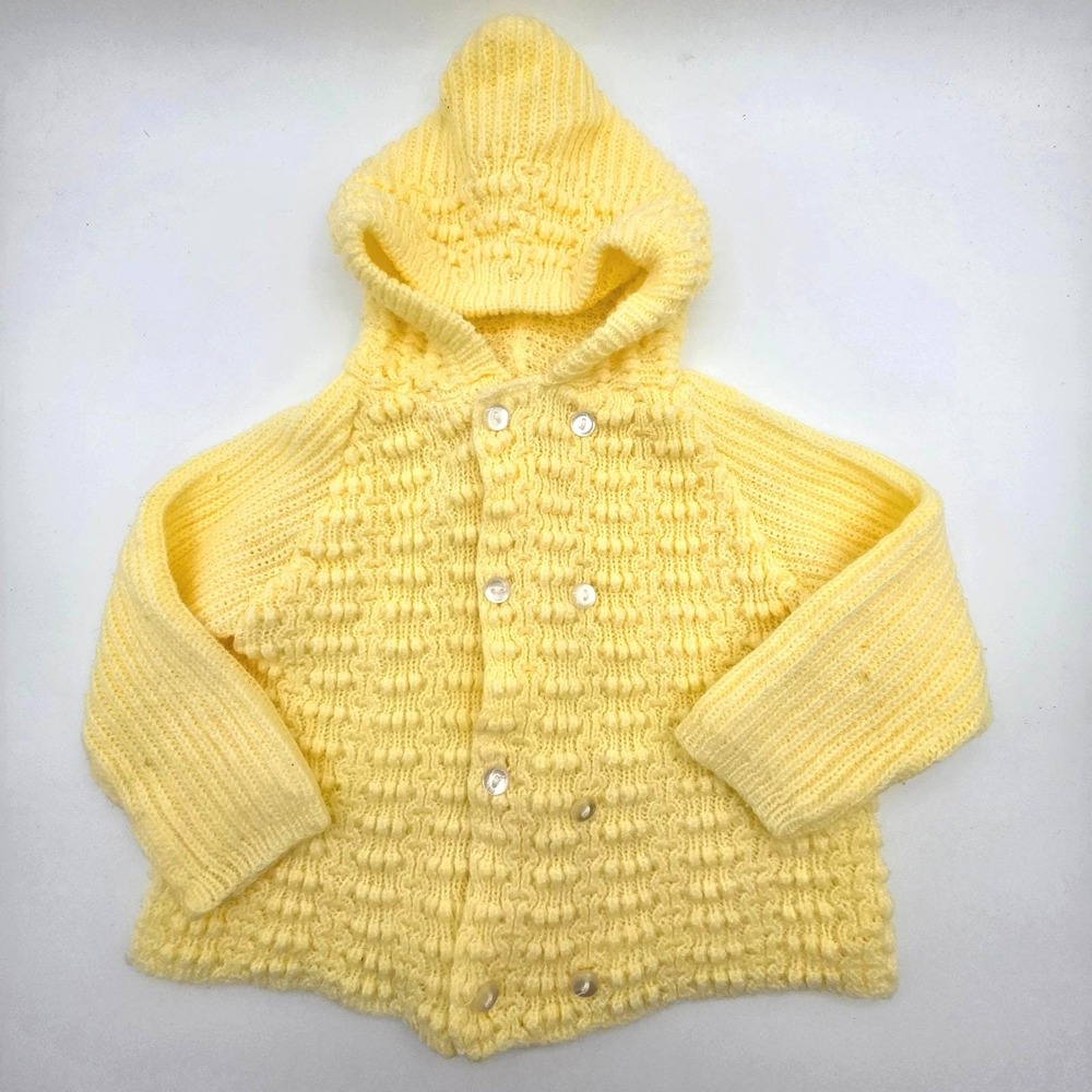 Friemanit Vintage Yellow Popcorn Knit Hooded Cardigan Sweater Kids Bobble Knit‎